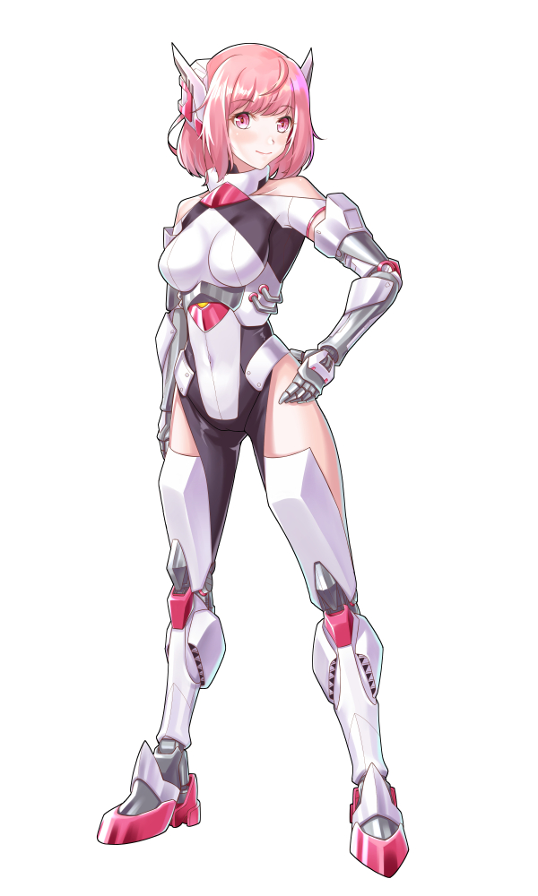 01314 1girl arm_at_side bare_shoulders breasts commentary_request covered_navel eyebrows_visible_through_hair full_body hand_on_hip headgear looking_at_viewer mecha_musume medium_breasts original pink_eyes pink_hair shoulder_cutout solo white_background