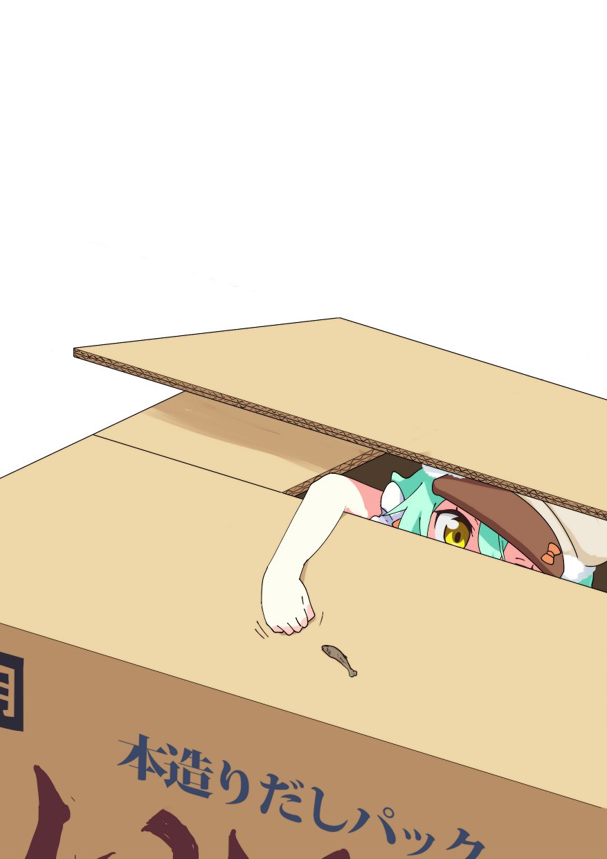 1girl box cacao_(nekopara) cardboard_box commentary_request dried_fish gobanme_no_mayoi_neko green_hair hair_between_eyes hat highres in_box in_container nekopara outstretched_arm paw_pose peaked_cap simple_background solo white_background yellow_eyes