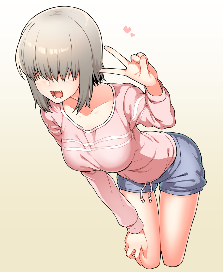 1girl :d breasts collarbone commentary_request covered_eyes cropped_legs facing_viewer fang grey_hair hair_over_eyes hand_on_own_knee hand_up heart leaning_forward long_sleeves medium_breasts open_mouth pink_shirt shirt short_hair short_shorts shorts smile solo teeth tsukinami_kousuke uzaki-chan_wa_asobitai! uzaki_yanagi v