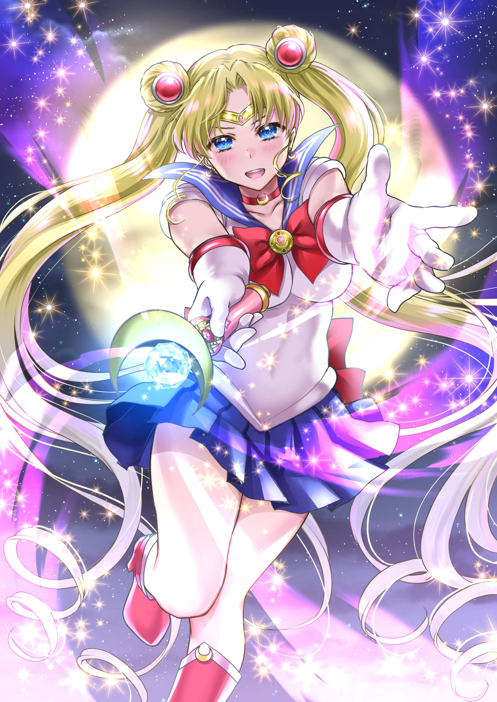 1girl bishoujo_senshi_sailor_moon blonde_hair blue_eyes blue_skirt blush boots breasts choker collarbone double_bun gloves highres hikaru_(gevp7588) large_breasts long_hair looking_at_viewer magical_girl open_mouth pleated_skirt red_choker red_footwear sailor_moon sailor_senshi_uniform skirt smile solo standing standing_on_one_leg tiara tsukino_usagi twintails very_long_hair white_gloves