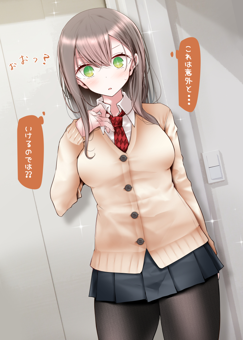 1girl black_legwear blush breasts brown_hair cardigan commentary green_eyes long_hair looking_at_viewer necktie oouso original pantyhose parted_lips pleated_skirt school_uniform skirt solo sweatdrop translated