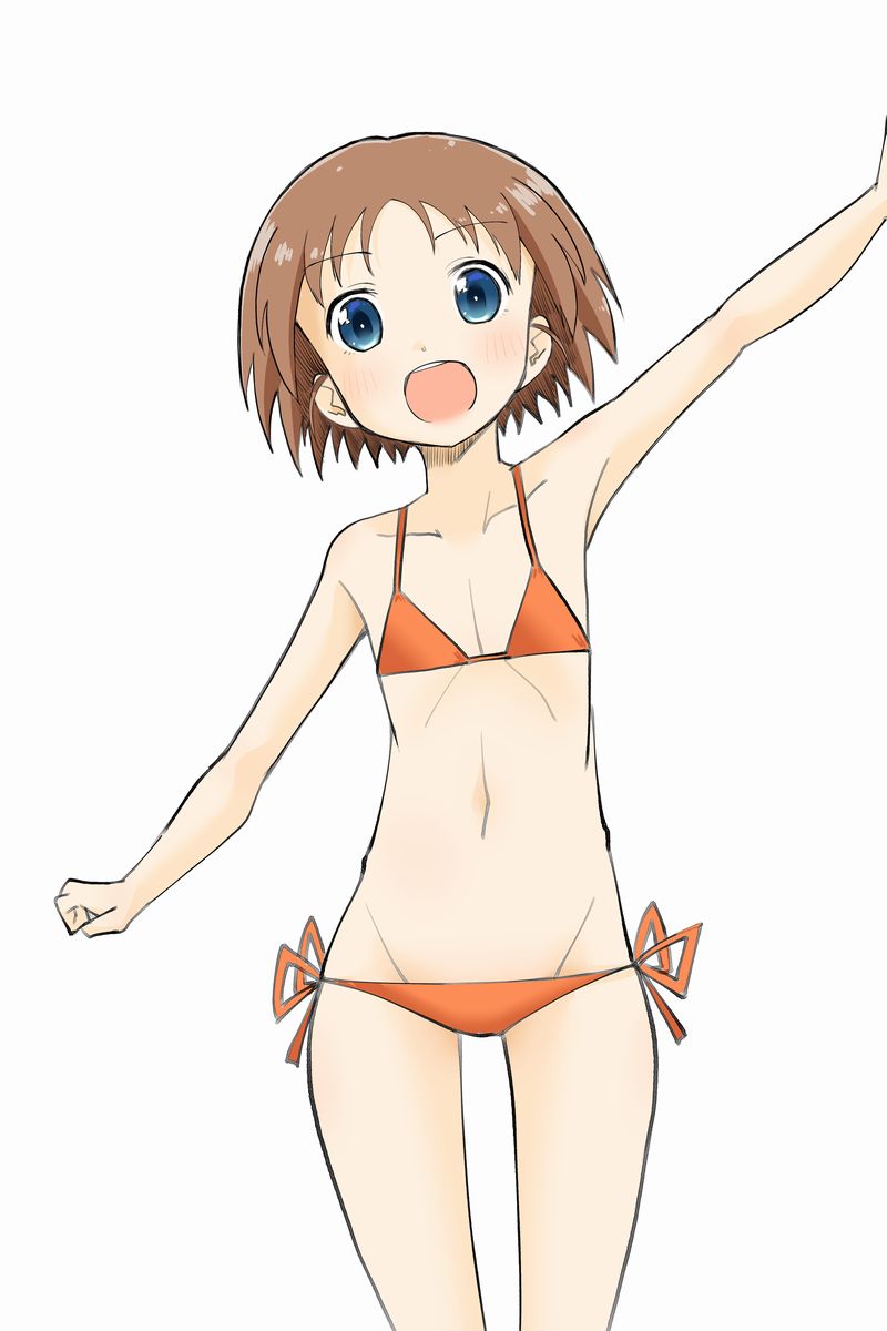 1girl :d arm_up bangs bikini blue_eyes brown_hair commentary cowboy_shot flat_chest girls_und_panzer groin highres looking_at_viewer lowleg lowleg_bikini nana_(manaita_koumuten) navel open_mouth orange_bikini outstretched_arms ribs sakaguchi_karina short_hair side-tie_bikini simple_background smile solo spread_arms standing string_bikini swimsuit white_background