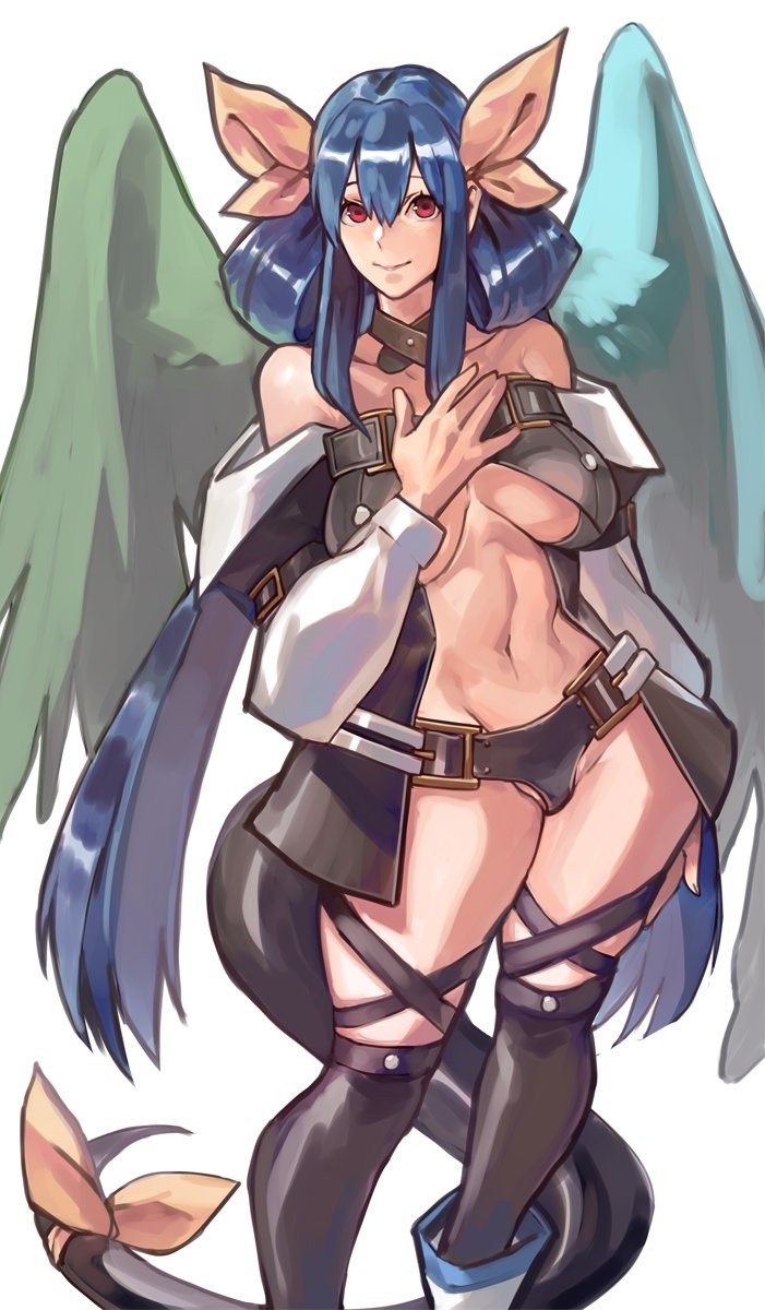 asymmetrical_wings belt blue_hair breasts choker crotch_plate dizzy_(guilty_gear) guilty_gear guilty_gear_x guilty_gear_xx hair_ribbon hand_on_own_chest highres large_breasts long_hair looking_at_viewer midriff navel puffy_sleeves ribbon tail tail_ribbon thick_thighs thigh-highs thighs uncle_rabbit_ii wings