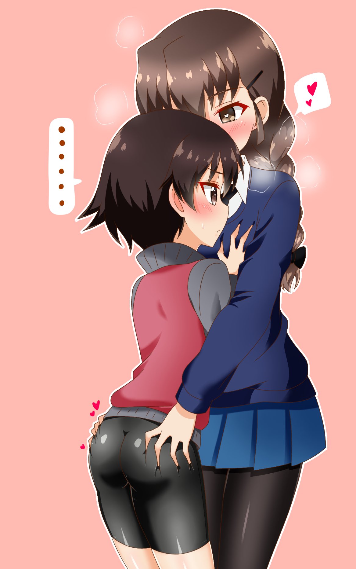 ... 2girls ass_grab bangs bike_shorts black_legwear black_neckwear black_ribbon black_shorts blue_skirt blue_sweater blush braid brown_eyes brown_hair closed_mouth dress_shirt girls_und_panzer gym_uniform hair_ornament hair_ribbon hairclip hands_on_another's_chest heart heart-shaped_pupils highres isobe_noriko jacket light_frown long_hair long_sleeves looking_at_another miniskirt multiple_girls necktie outline pantyhose pink_background pleated_skirt raglan_sleeves red_jacket ribbon rukuriri_(girls_und_panzer) school_uniform shirt short_hair short_shorts shorts simple_background single_braid skirt spoken_ellipsis spoken_heart st._gloriana's_school_uniform standing steam sweater symbol-shaped_pupils tanutika track_jacket white_outline yuri