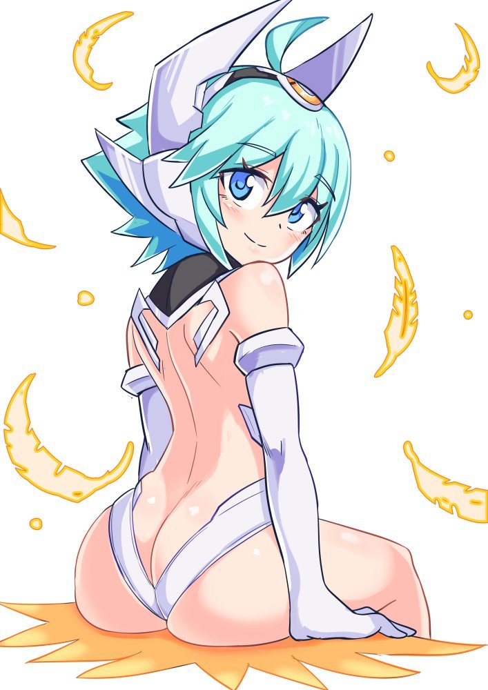 1girl ahoge ass azure_striker_gunvolt bare_shoulders blush breasts closed_mouth cougar1404 elbow_gloves gloves green_hair headgear looking_at_viewer roro_(gunvolt) short_hair smile solo