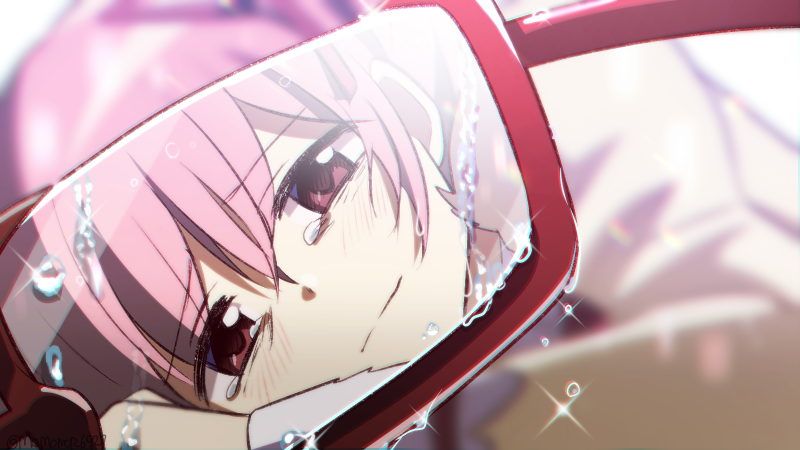 1girl arm_at_side backlighting blurry blurry_background blush close-up closed_mouth crying crying_with_eyes_open depth_of_field dot_nose eyebrows_visible_through_hair furrowed_eyebrows glasses glowing hair_between_eyes half-closed_eyes hand_rest kaname_madoka light_smile looking_at_viewer lying mahou_shoujo_madoka_magica mitakihara_school_uniform momo_tomato on_side pink_eyes pink_hair pov red-framed_eyewear sad school_uniform semi-rimless_eyewear solo tears twitter_username uniform upper_body wet