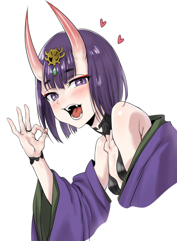 1girl bangs bare_shoulders blush bob_cut breasts bridal_gauntlets collarbone eyeliner fangs fate/grand_order fate_(series) headpiece heart horns japanese_clothes kimono koori_tsuku leaning_forward long_sleeves looking_at_viewer makeup off_shoulder oni oni_horns open_mouth purple_hair purple_kimono revealing_clothes short_eyebrows short_hair shuten_douji_(fate/grand_order) simple_background skin-covered_horns small_breasts smile solo violet_eyes white_background