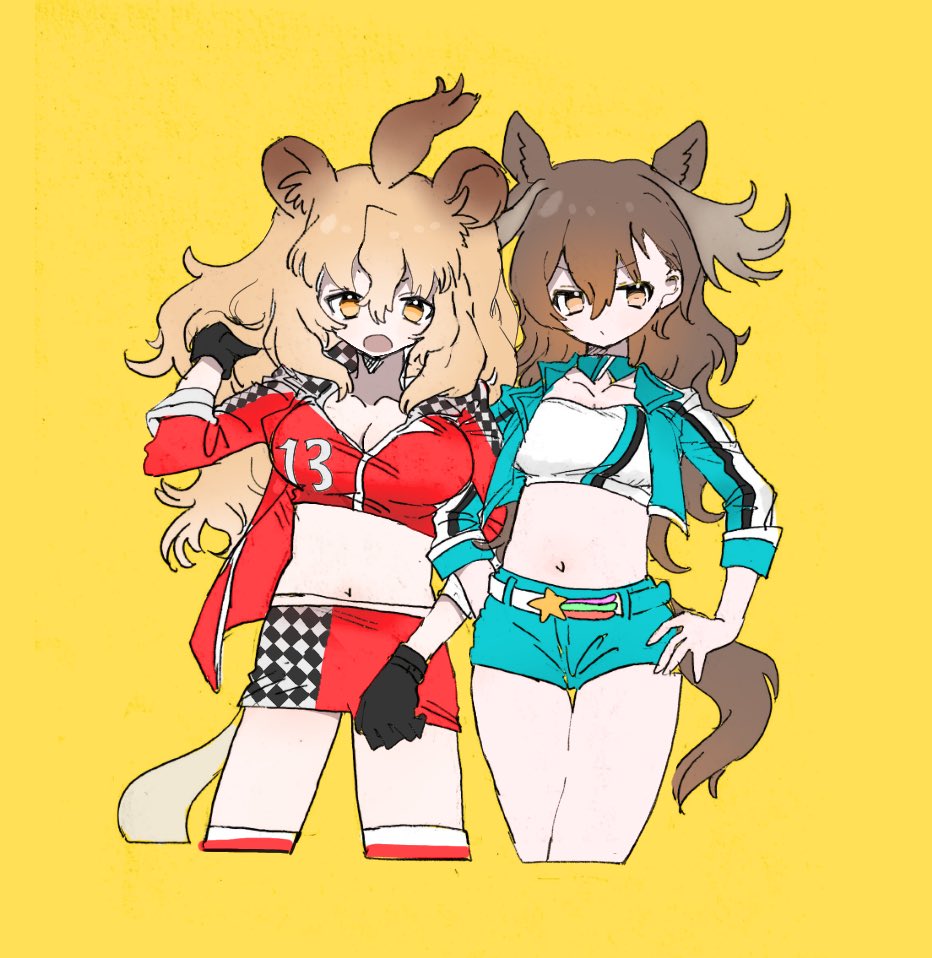 010mzam 2girls alternate_costume animal_ears antlers belt black_gloves blonde_hair blue_jacket blue_shorts brown_eyes brown_hair checkered checkered_jacket checkered_skirt commentary_request cowboy_shot extra_ears eyebrows_visible_through_hair gloves hand_in_hair hand_on_hip jacket kemono_friends lion_(kemono_friends) lion_ears lion_girl lion_tail locked_arms long_hair midriff miniskirt moose_(kemono_friends) moose_ears moose_girl moose_tail multicolored_hair multiple_girls racequeen red_jacket red_skirt short_shorts short_sleeves shorts skirt strapless tail tubetop yellow_eyes