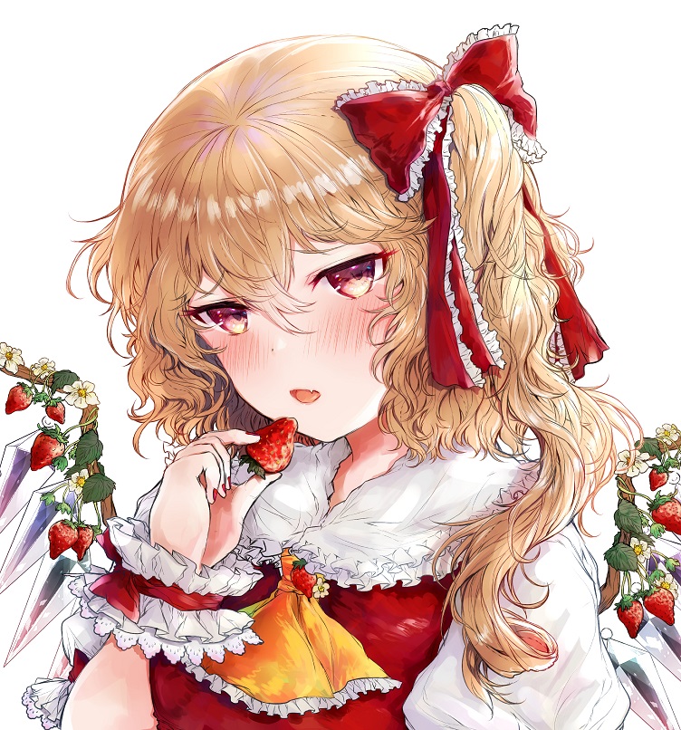 1girl arm_up blonde_hair blush commentary_request cravat fang fingernails flandre_scarlet flower food frilled_shirt_collar frills fruit hair_between_eyes hair_ribbon head_tilt holding holding_food holding_fruit looking_at_viewer nail_polish no_hat no_headwear one_side_up open_mouth plant puffy_short_sleeves puffy_sleeves red_eyes red_nails red_vest ribbon shirt short_hair short_sleeves simple_background skin_fang solo strawberry strawberry_blossoms symbol_commentary touhou upper_body vest vines white_background white_shirt wings wrist_cuffs yellow_neckwear yuma_(yuuma_pants)