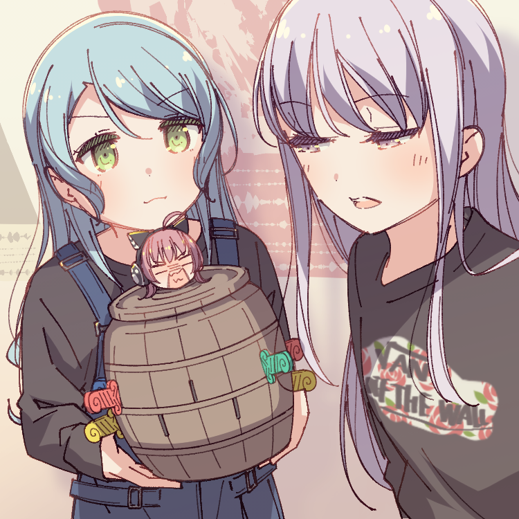 2girls :3 ahoge aiba_aina aqua_hair ayasaka bang_dream! bangs barrel black_shirt cat_ear_headphones character_doll clothes_writing commentary green_eyes grey_hair half-closed_eyes headphones hikawa_sayo holding kudou_haruka_(seiyuu) long_hair long_sleeves minato_yukina multiple_girls open_mouth overalls photo-referenced pop-up_pirate redhead seiyuu_connection shirt symbol_commentary upper_body v-shaped_eyebrows vans