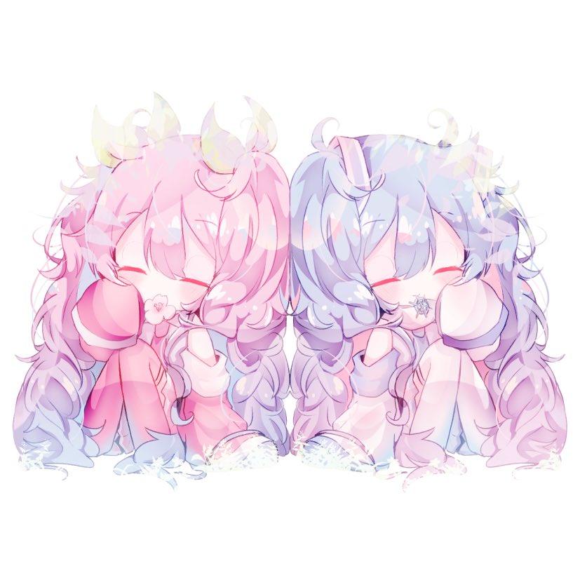 2girls blue_neckwear cherry_blossoms chibi closed_eyes commentary detached_sleeves flower_in_mouth fuyuzuki_gato hair_leaf hair_ornament hand_on_own_cheek hand_up hatsune_miku knees_up leaf light_blue_hair long_hair mouth_hold multiple_girls necktie pink_hair pink_legwear pink_neckwear pink_sleeves sakura_miku shirt side-by-side sitting sleeves_past_fingers sleeves_past_wrists snowflake_ornament thigh-highs twintails very_long_hair vocaloid white_background white_legwear white_shirt white_sleeves yuki_miku yuki_miku_(2011)