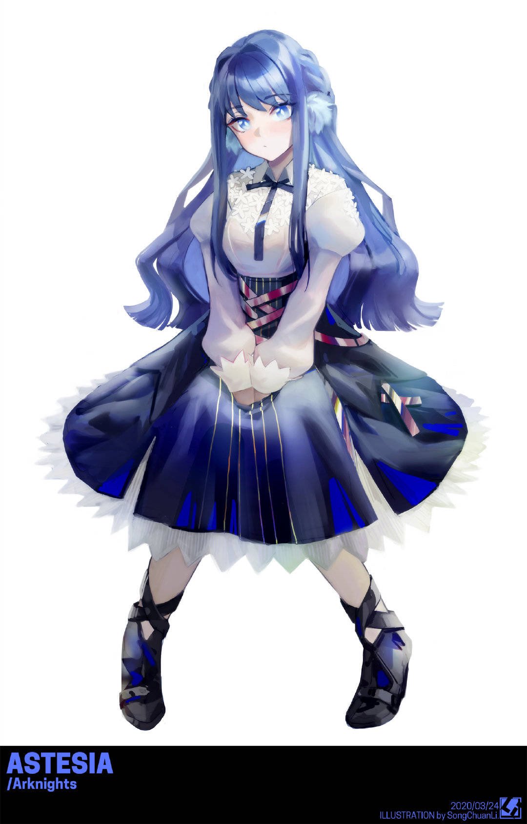 1girl arknights artist_name astesia black_footwear blue_eyes blue_hair blue_neckwear blue_skirt breasts character_name closed_mouth copyright_name dated dress english_text eyebrows_visible_through_hair frilled_skirt frills full_body hands_together highres long_hair long_sleeves looking_at_viewer medium_breasts neck_ribbon puffy_long_sleeves puffy_sleeves ribbon shoes skirt solo songchuan_li white_background white_dress wrist_cuffs