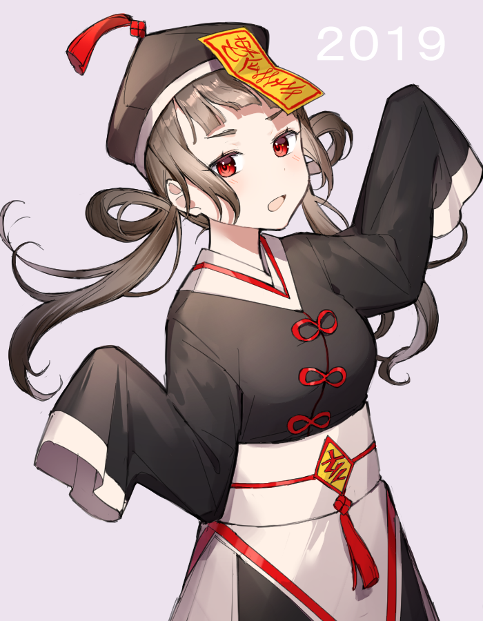 1girl 2019 bangs black_headwear blush brown_hair cowboy_shot hands_up hat jiangshi long_hair long_sleeves looking_at_viewer nengajou new_year nozeki ofuda open_mouth original purple_background red_eyes simple_background sleeves_past_wrists solo upper_body