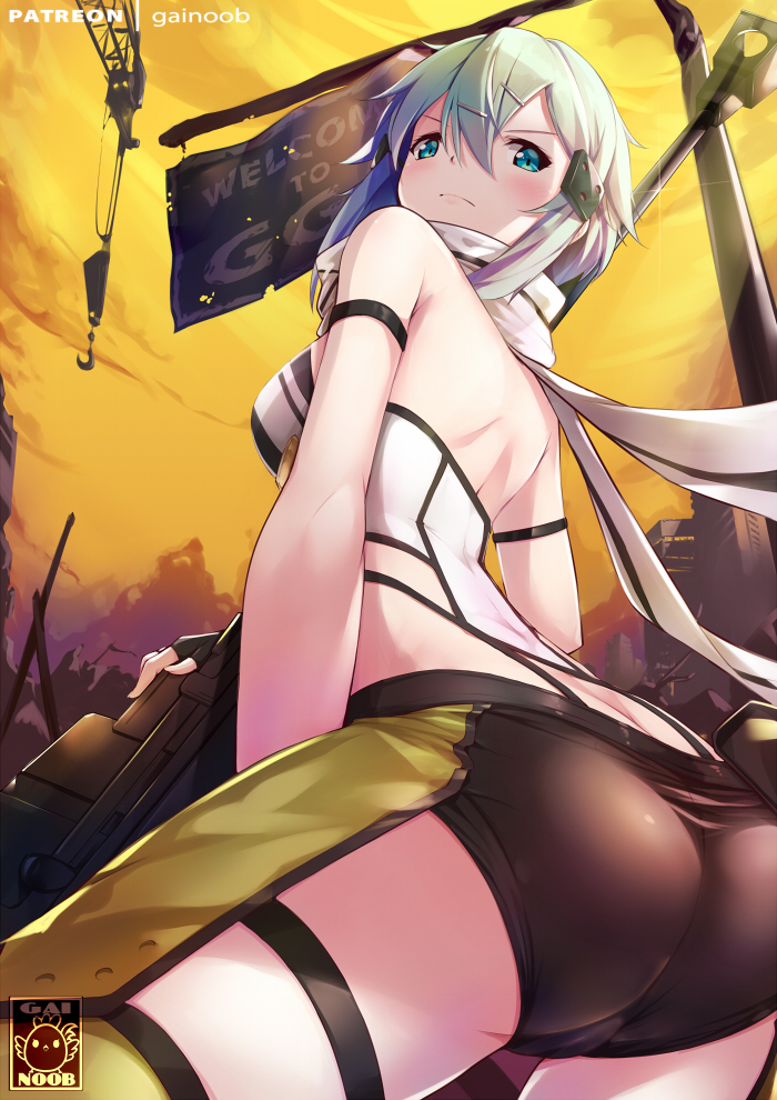 1girl anti-materiel_rifle aqua_eyes aqua_hair ass black_shorts blush breasts butt_crack from_behind gainoob gun hair_ornament hairclip looking_at_viewer looking_back medium_breasts pgm_hecate_ii rifle shiny shiny_hair short_hair short_hair_with_long_locks shorts sinon sniper_rifle solo standing sword_art_online weapon