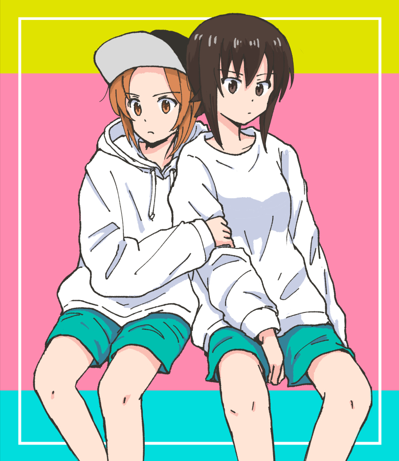 2girls aqua_background aqua_shorts arm_grab bangs baseball_cap black_headwear border brown_eyes brown_hair casual closed_mouth commentary drawstring frown girls_und_panzer hat hood hood_down hoodie long_sleeves looking_at_viewer looking_to_the_side multicolored multicolored_background multiple_girls mutsu_(layergreen) nishizumi_maho nishizumi_miho outside_border pink_background shirt short_hair shorts siblings side-by-side sisters sitting white_border white_shirt yellow_background