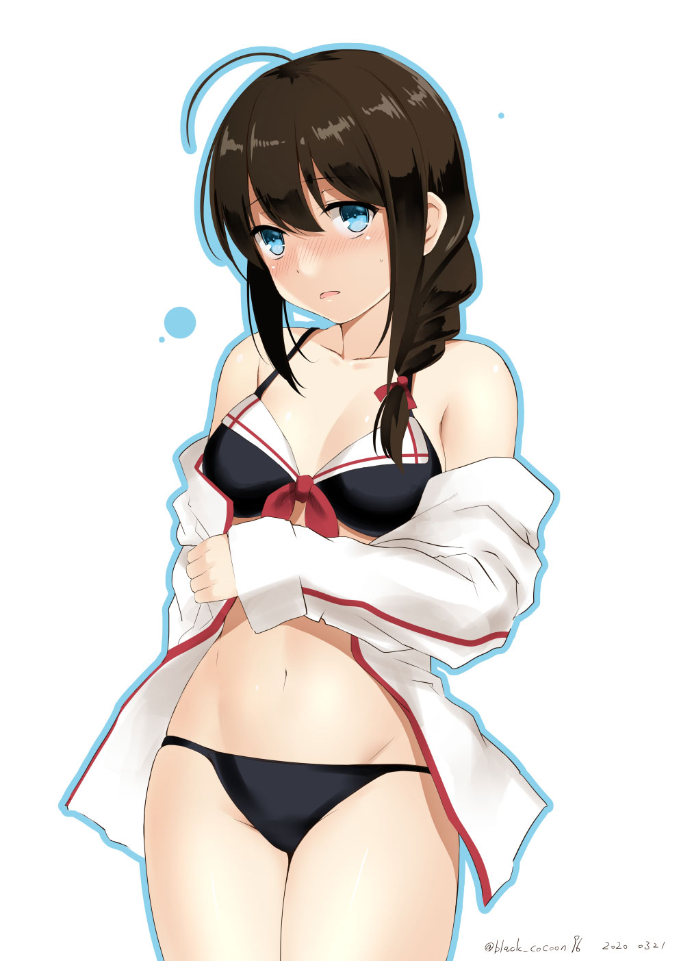 1girl ahoge bare_shoulders bikini black_bikini black_hair blue_eyes braid breasts cowboy_shot hair_over_shoulder highres jacket kantai_collection kuromayu long_hair looking_at_viewer pointy_ears shigure_(kantai_collection) simple_background single_braid small_breasts solo standing swimsuit swimsuit_under_clothes white_background white_bikini white_jacket