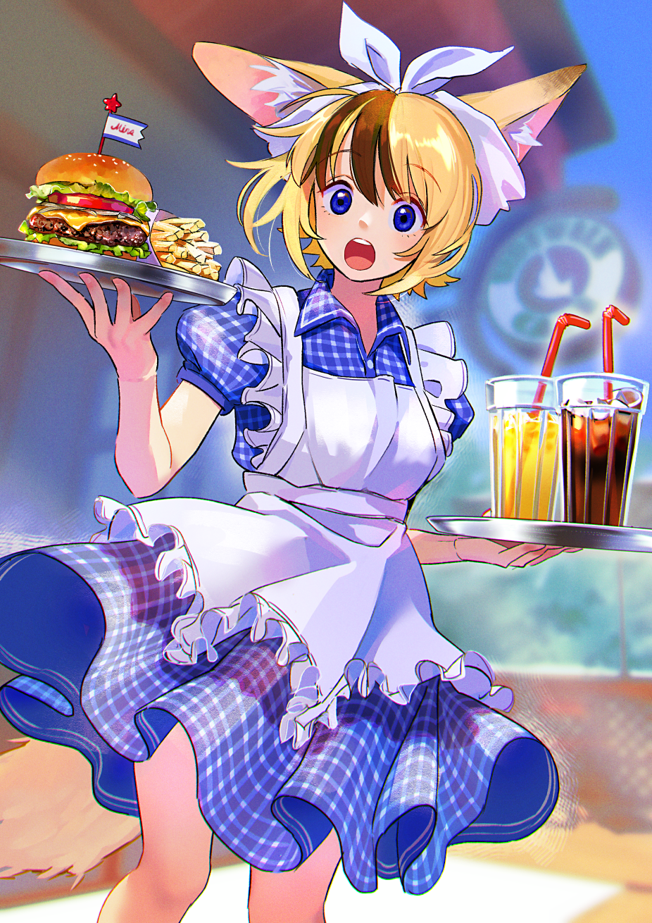 1girl animal_ear_fluff apron blonde_hair blue_dress blue_eyes brown_hair cheese dress drinking_straw eyebrows_visible_through_hair feet_out_of_frame food french_fries frilled_apron frills hamburger highres holding holding_drink holding_tray lettuce looking_at_viewer multicolored_hair nashigaya_koyomi open_mouth original outdoors plaid plaid_dress puffy_short_sleeves puffy_sleeves short_sleeves solo streaked_hair tomato tray waitress white_apron