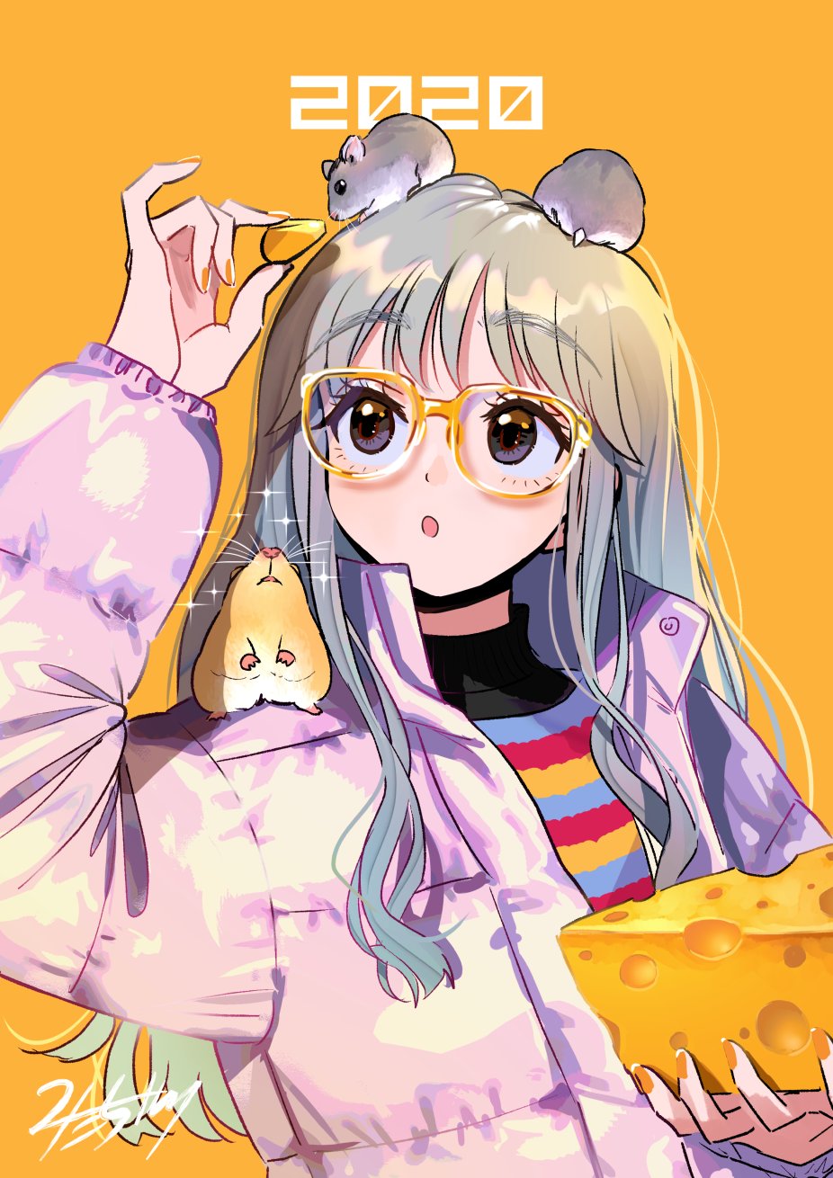 1girl 2020 bangs black_eyes cheese chinese_zodiac eyebrows_visible_through_hair food glasses gold-framed_eyewear grey_hair highres long_hair long_sleeves nashigaya_koyomi open_mouth original pink_coat shirt signature simple_background solo sparkle striped striped_shirt upper_body year_of_the_rat yellow_background yellow_nails