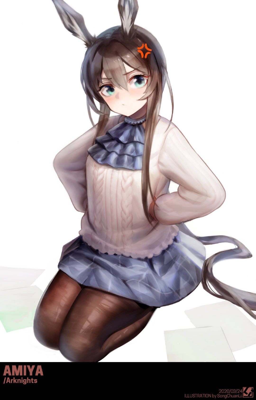 1girl alternate_costume amiya_(arknights) anger_vein animal_ears aran_sweater arknights artist_name blue_eyes blue_neckwear blue_skirt blush breasts brown_hair brown_legwear character_name closed_mouth copyright_name dated english_text eyebrows_visible_through_hair full_body hair_between_eyes hands_on_hips highres jewelry long_hair long_sleeves looking_at_viewer miniskirt neck_ring neckerchief pantyhose paper rabbit_ears seiza sidelocks simple_background sitting skirt small_breasts solo songchuan_li straight_hair sweater white_background white_sweater