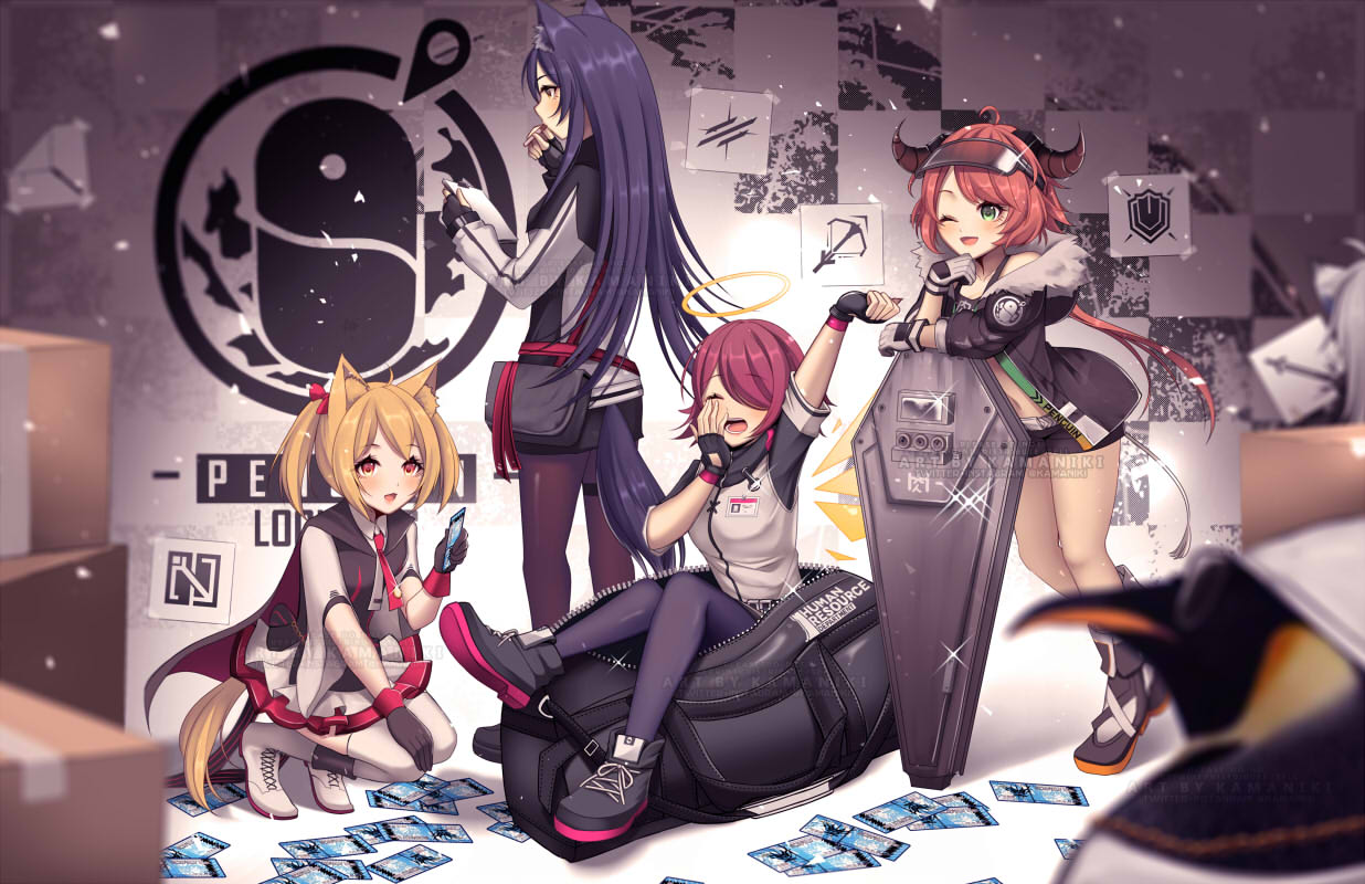 4girls animal_ear_fluff animal_ears arknights bag bangs bare_legs bird blonde_hair box cardboard_box cigarette croissant_(arknights) detached_wings energy_wings exusiai_(arknights) eyebrows_visible_through_hair fingerless_gloves frilled_skirt frills gloves glowing glowing_wings hair_over_one_eye halo headwear holding horns jacket kamaniki kneeling long_hair midriff multiple_girls navel open_bag open_clothes open_jacket open_mouth orange_hair pantyhose penguin pouch redhead shield shiny short_hair short_shorts short_sleeves shorts sitting skirt smile sora_(arknights) swept_bangs tail texas_(arknights) thigh-highs white_jacket wings yawning zipper