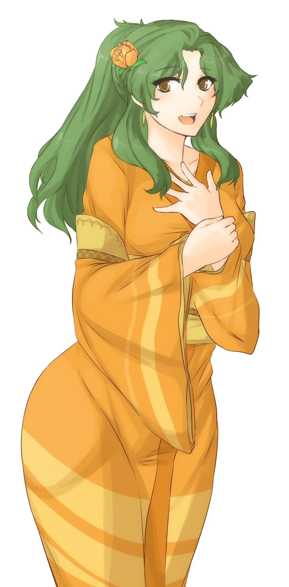 1girl archived_source bangs brown_eyes collarbone curvy earrings elincia_ridell_crimea eyebrows_visible_through_hair eyes_visible_through_hair facing_to_the_side fire_emblem fire_emblem:_path_of_radiance fire_emblem:_radiant_dawn fire_emblem_heroes flower green_hair hair_flower hair_ornament hand_on_own_chest happy highres holding_own_wrist japanese_clothes jewelry kimono light_blush long_hair looking_at_viewer open_mouth orange_kimono parted_bangs ponytail smile solo transparent_background tridisart wide_hips yellow_eyes