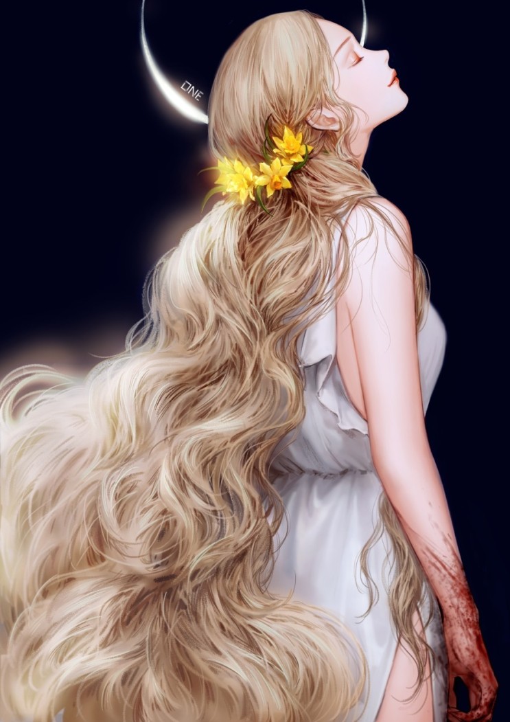 'o'ne 1girl bare_arms black_background blonde_hair blood bloody_hands breasts closed_eyes closed_mouth cowboy_shot dress eclipse facing_up flower from_side hair_flower hair_ornament long_hair original profile side_slit sleeveless sleeveless_dress smile solo very_long_hair wavy_hair white_dress yellow_flower