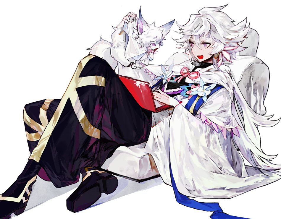 1boy :d ;d black_footwear boots fate/grand_order fate_(series) fou_(fate/grand_order) hair_between_eyes hair_ornament leaning_back long_sleeves merlin_(fate) mo_(mocopo) one_eye_closed open_mouth pants puffy_pants reclining red_ribbon ribbon simple_background sitting smile solo violet_eyes white_background white_hair wide_sleeves