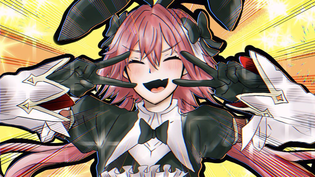 1boy astolfo_(fate) astolfo_(saber)_(fate) bangs black_gloves bow bowtie closed_eyes double_v emotional_engine_-_full_drive fate/grand_order fate_(series) gloves hands_up long_hair long_sleeves looking_at_viewer male_focus multicolored_hair necktie open_mouth otoko_no_ko parody pink_hair pot_s ribbon smile solo sparkle star streaked_hair twintails v yellow_background