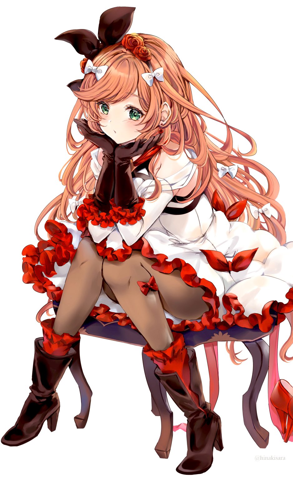 1girl bag bangs black_gloves black_ribbon blonde_hair blush boots bow chair clarisse_(granblue_fantasy) dress earrings eyebrows_visible_through_hair flower gloves granblue_fantasy green_eyes hair_bow hair_flower hair_ornament hair_ribbon high_heels highres hinahino jewelry long_hair long_sleeves looking_at_viewer open_mouth orange_hair pantyhose red_bow red_flower red_legwear ribbon shoes single_boot sitting socks solo swept_bangs white_bow white_dress