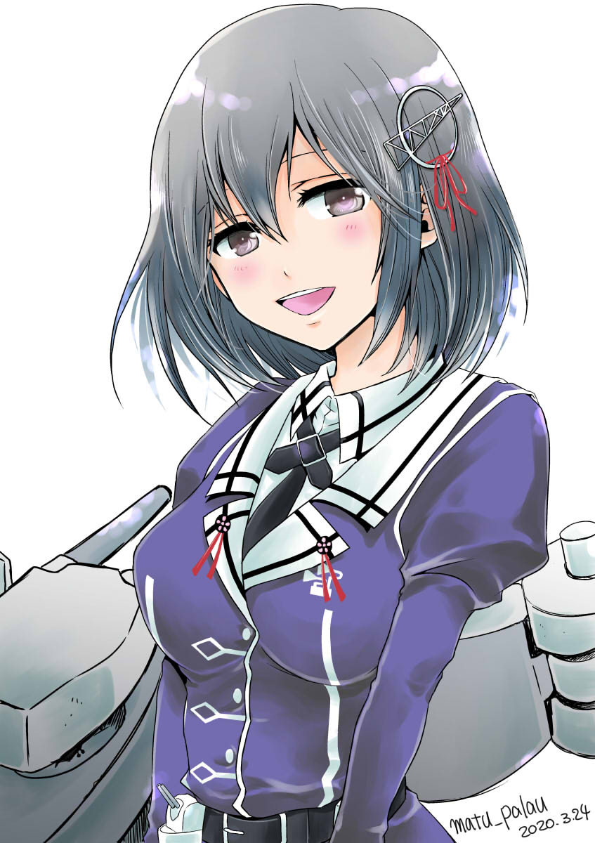 1girl black_hair brown_eyes cannon commentary_request dated haguro_(kantai_collection) hair_ornament highres kantai_collection looking_at_viewer machinery matsuura@parao military military_uniform open_mouth remodel_(kantai_collection) short_hair simple_background solo turret twitter_username uniform upper_body upper_teeth white_background