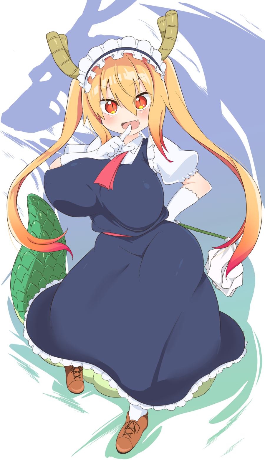 1girl blonde_hair blush breasts commentary_request dragon dragon_girl dragon_horns dragon_tail fang gloves highres hirob816 horns huge_breasts kobayashi-san_chi_no_maidragon long_hair looking_at_viewer maid maid_headdress monster_girl orange_eyes puffy_short_sleeves puffy_sleeves scales short_sleeves slit_pupils tail tooru_(maidragon) twintails white_background white_gloves