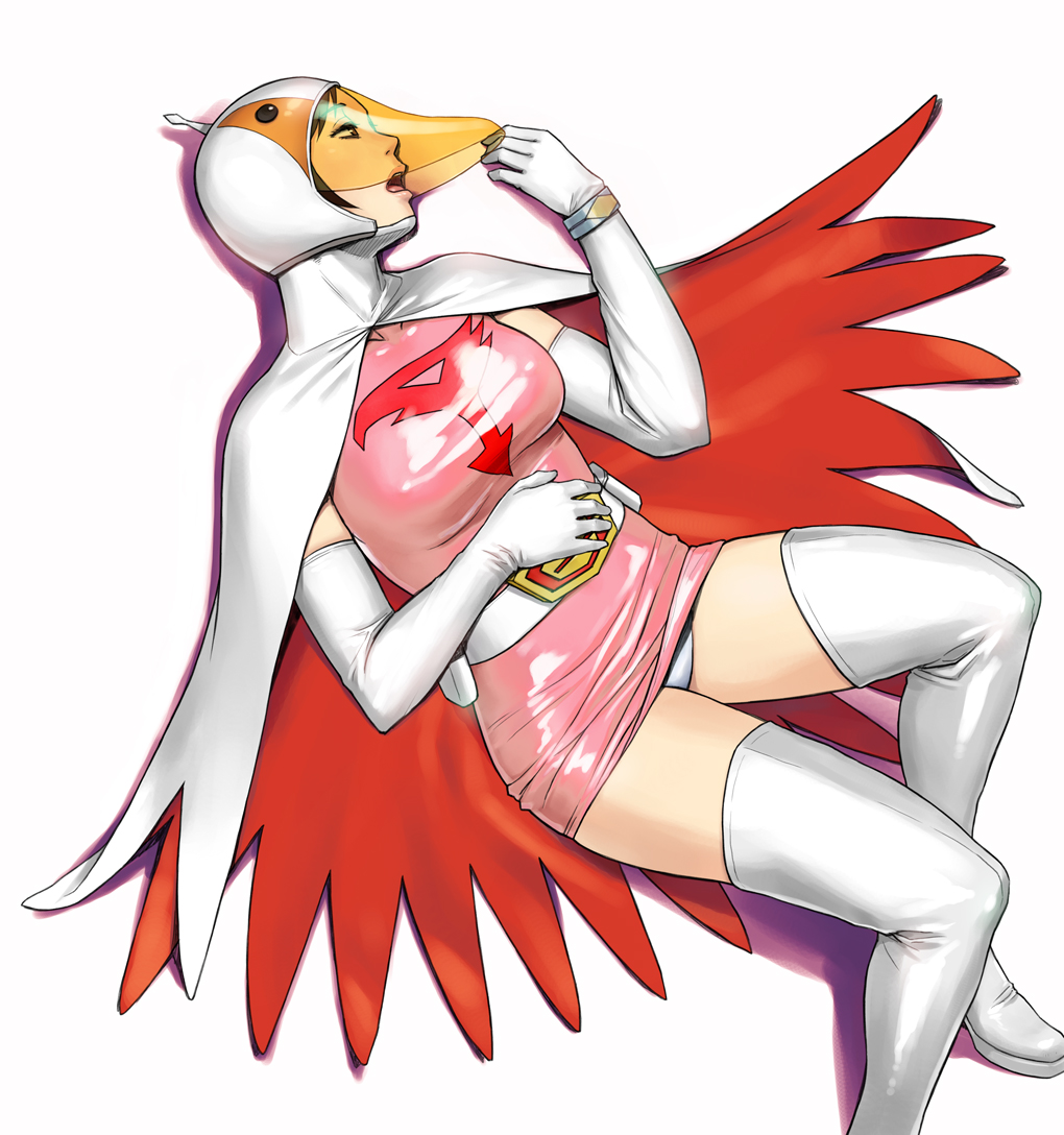 1girl azasuke boots cape dress elbow_gloves gatchaman gloves helmet jun_the_swan lying on_back open_mouth panties pantyshot pink_dress shiny shiny_clothes short_dress short_hair solo thigh-highs thigh_boots underwear white_footwear white_gloves white_panties wrist_cuffs