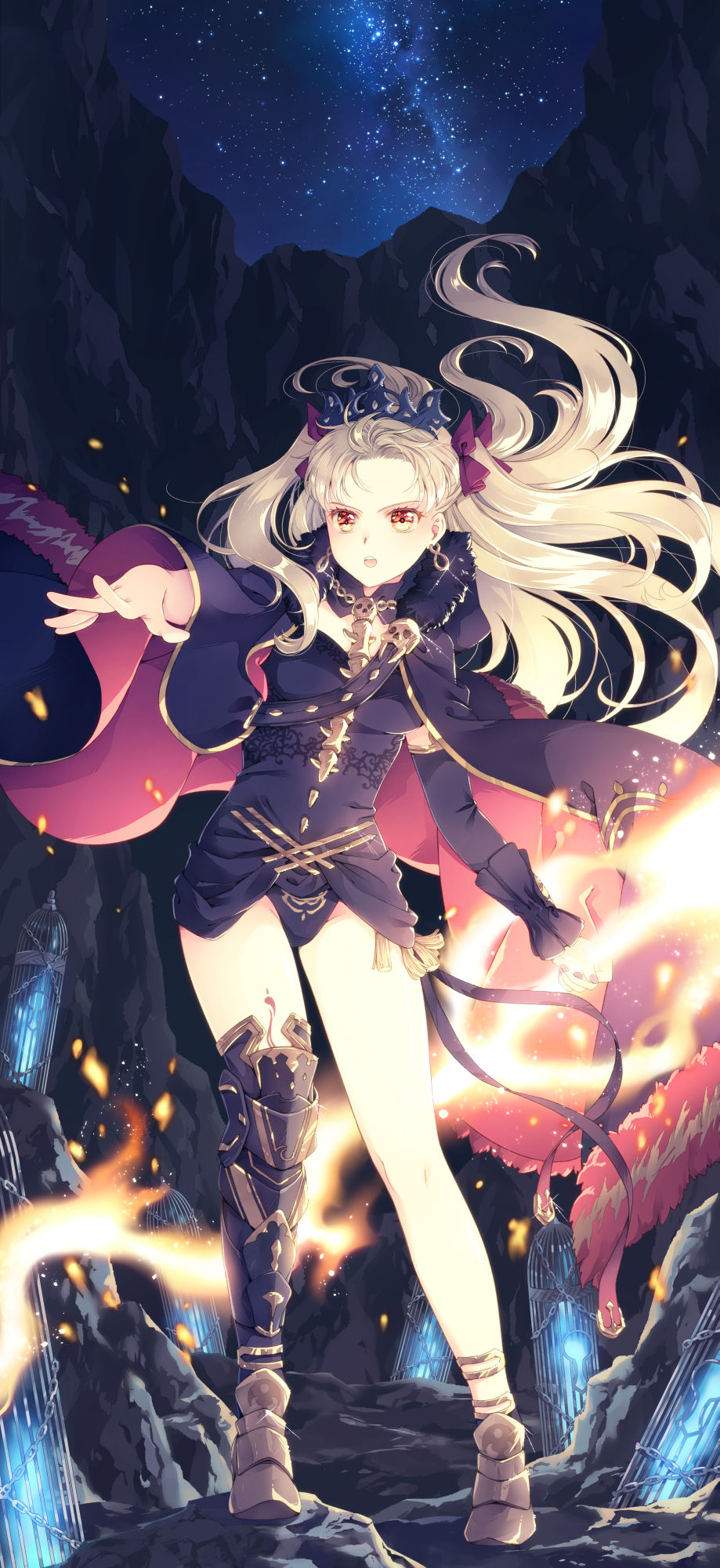 1girl armored_boots asymmetrical_legwear bangs blonde_hair boots breasts cage cape chain commentary_request earrings ereshkigal_(fate/grand_order) fate/grand_order fate_(series) fire floating_hair full_body fur-trimmed_cape fur_trim glint hair_ribbon highres jewelry long_hair night open_mouth ribbon single_thighhigh skull solo spine standing thigh-highs tiara two_side_up yellow_eyes yue_natsuki