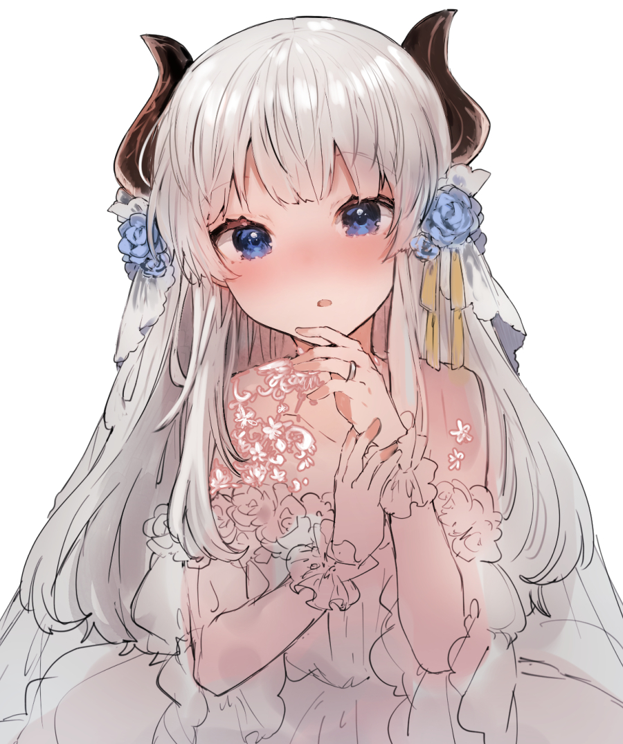 1girl blush dress eleanor_(ikeuchi_tanuma) flower grey_hair hair_flower hair_ornament hair_ribbon hand_up hands_up head_tilt horns ikeuchi_tanuma jewelry long_hair looking_at_viewer original parted_lips purple_flower ribbon ring simple_background solo unfinished upper_body violet_eyes wedding_band wedding_dress white_background yellow_ribbon