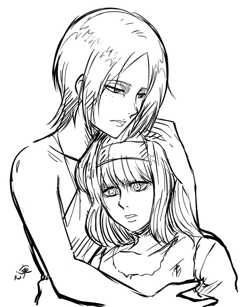 2girls backless_dress backless_outfit comforting crying dress freckles hairband height_difference hug kokomi_(aniesuakkaman) long_hair monochrome multiple_girls namesake shingeki_no_kyojin short_hair torn_clothes white_background ymir_(shingeki_no_kyojin) ymir_fritz