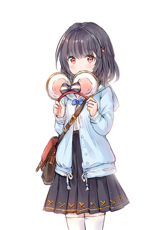 1girl animal_ears bag bangs black_bow black_hair black_skirt blue_jacket blue_neckwear blush bow bowtie eyebrows_visible_through_hair fake_animal_ears granblue_fantasy hair_ornament hairband holding hood hood_down hooded_jacket jacket long_sleeves looking_at_viewer mouse_ears open_clothes open_jacket pleated_skirt red_eyes red_hairband shirt shoulder_bag simple_background skirt sleeves_past_wrists solo striped striped_bow thigh-highs vikala_(granblue_fantasy) wataame27 white_background white_legwear white_shirt