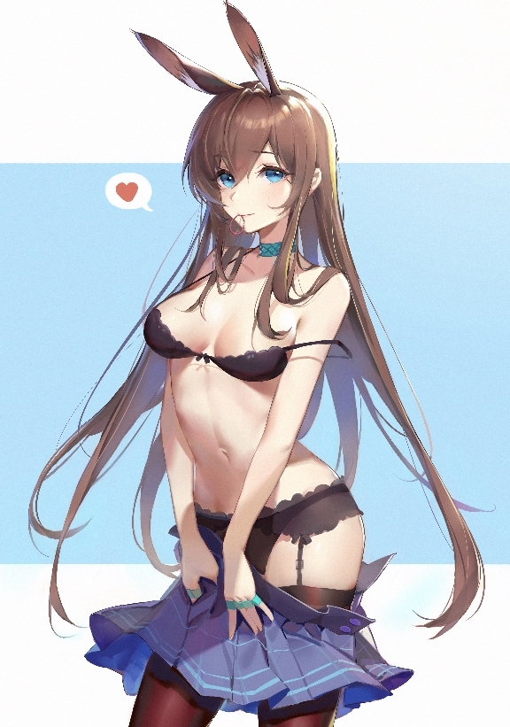 1girl amiya_(arknights) animal_ears arknights bangs bare_arms bare_shoulders black_bra black_legwear black_panties blue_background blue_choker blue_eyes blue_skirt bra breasts brown_hair choker commentary cowboy_shot eyebrows_visible_through_hair garter_belt hair_between_eyes hair_tie_in_mouth heart large_breasts lekou long_hair looking_at_viewer miniskirt mouth_hold navel panties pleated_skirt rabbit_ears sidelocks skirt skirt_pull smile solo spoken_heart standing stomach strap_slip thigh-highs two-tone_background underwear very_long_hair white_background