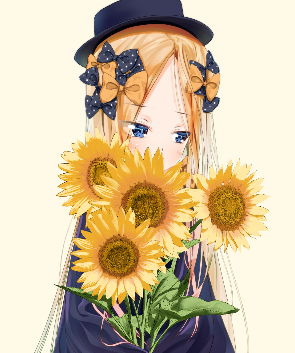 abigail_williams_(fate/grand_order) bangs black_bow black_dress black_headwear blonde_hair blue_eyes bow breasts dress fate/grand_order fate_(series) flower forehead hair_bow hat looking_to_the_side multiple_bows orange_bow parted_bangs polka_dot polka_dot_bow ribbed_dress sakazakinchan sleeves_past_fingers sleeves_past_wrists small_breasts sunflower