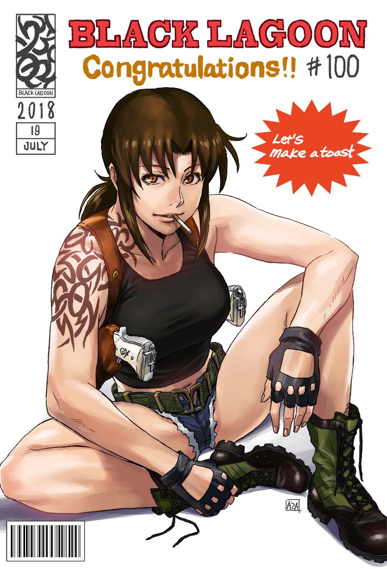 1girl azasuke barcode belt black_lagoon boots breasts brown_eyes brown_hair cigarette copyright_name cover dated english_text fake_cover fingerless_gloves gloves green_footwear gun handgun holster large_breasts lips low_ponytail micro_shorts navel pistol revy_(black_lagoon) shorts shoulder_holster sidelocks signature sitting smile solo tank_top tattoo weapon