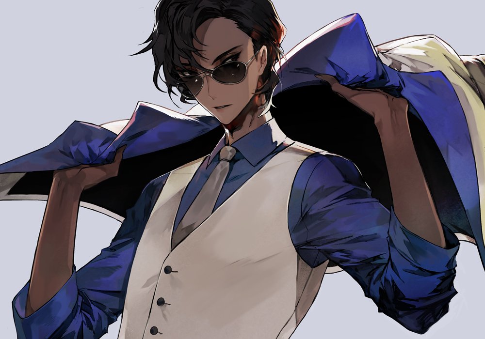 1boy arjuna_(fate/grand_order) black_eyes blue_shirt brown_hair collared_shirt commentary dark_skin fate/grand_order fate_(series) formal grey_background grey_neckwear hands_up jacket_on_shoulders male_focus mo_(mocopo) necktie parted_lips shirt simple_background solo sunglasses upper_body vest white-framed_eyewear white_vest wing_collar