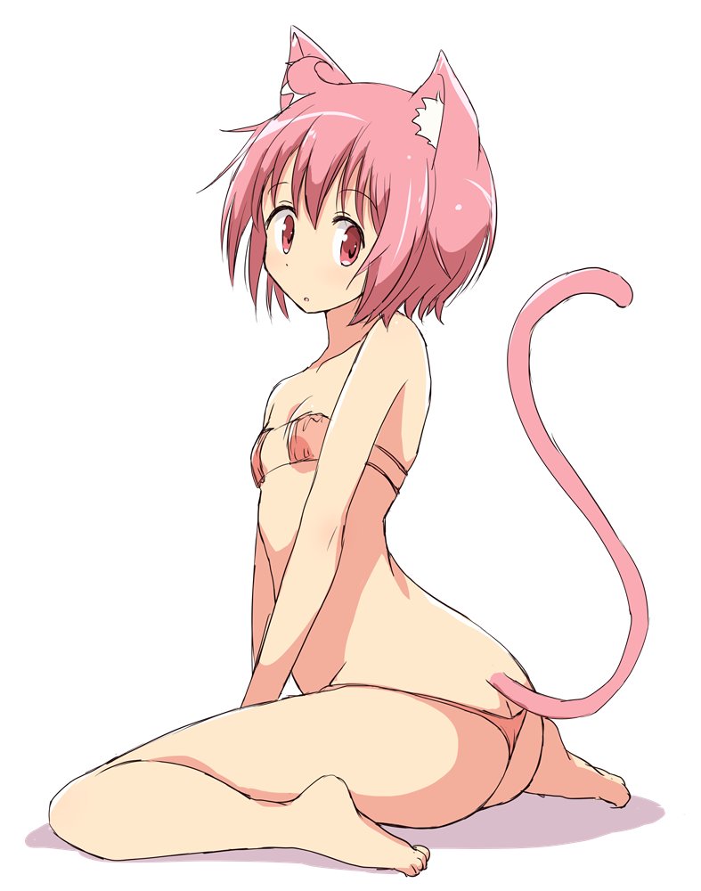 1girl animal_ear_fluff animal_ears ass bangs bare_shoulders barefoot bikini breasts butt_crack cat_ears cat_tail commentary eyebrows_visible_through_hair eyepatch_bikini from_behind kemonomimi_mode looking_at_viewer looking_back mel_(melty_pot) nonohara_yuzuko orange_bikini parted_lips pink_eyes pink_hair shadow short_hair simple_background sitting small_breasts solo swimsuit tail thong_bikini white_background yuyushiki