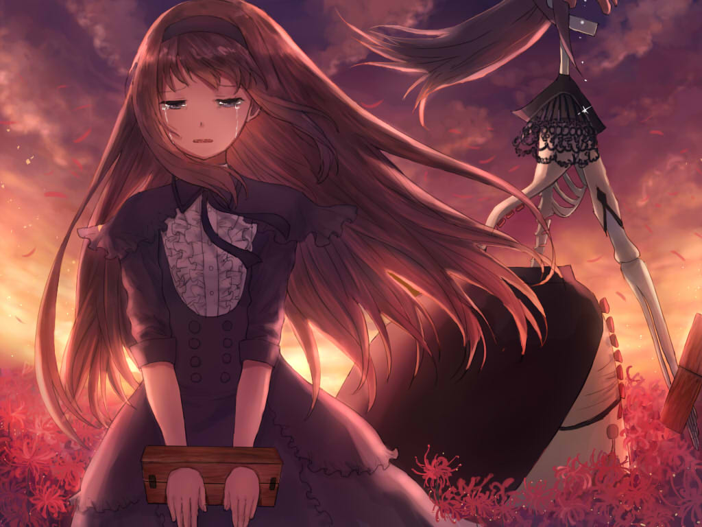 1girl akemi_homura backlighting black_capelet black_dress black_hair black_hairband buttons capelet clouds cloudy_sky collared_dress commentary crying crying_with_eyes_open dark_sky dot_nose dress dual_persona field flat_chest floating_hair flower flower_field frilled_capelet frills funeral_dress furrowed_eyebrows gradient gradient_sky hairband half-closed_eyes homulilly layered_dress light_particles long_hair looking_down mahou_shoujo_madoka_magica mahou_shoujo_madoka_magica_movie orange_sky outdoors parted_lips petals red_flower sad shiny shiny_hair skeleton sky solo spider_lily standing stocks streaming_tears sunlight sunset tears v_arms wind wind_lift witch_(madoka_magica) yan_h_chau