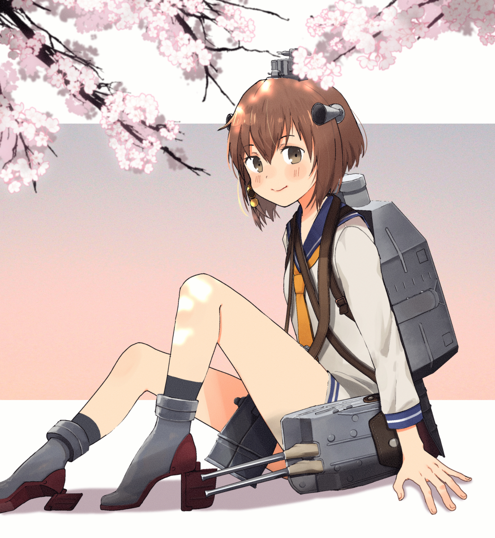 1girl annin_musou bangs binoculars blue_sailor_collar blush brown_eyes brown_hair cherry_blossoms dress eyebrows_visible_through_hair hair_between_eyes headgear kantai_collection long_sleeves neckerchief rigging sailor_collar sailor_dress shadow short_hair sitting smile socks solo speaking_tube_headset yellow_neckwear yukikaze_(kantai_collection)