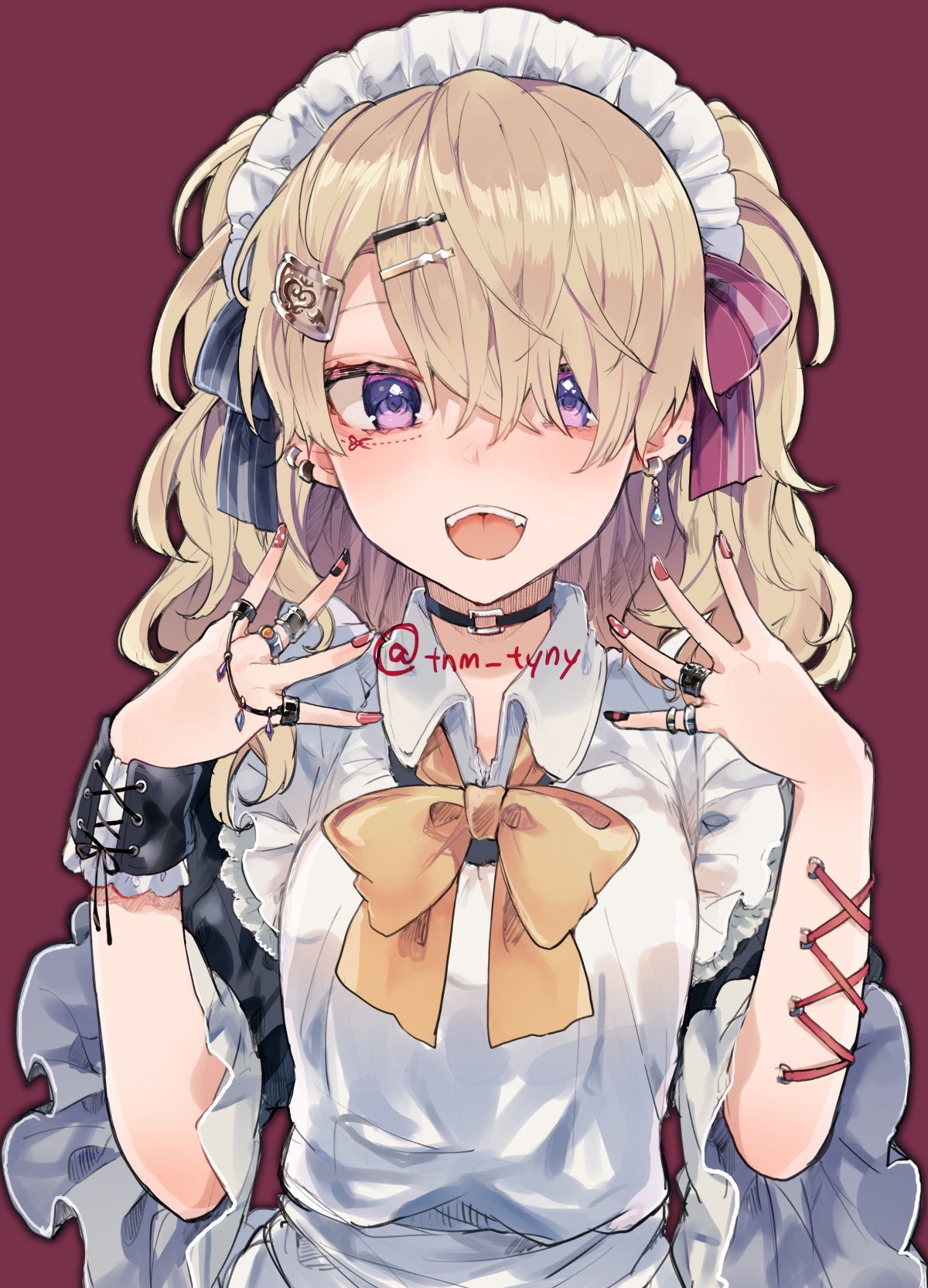 1girl :d apron black_choker blonde_hair bow bowtie choker collared_shirt dotted_line ear_piercing earrings fangs fingernails grey_bow hair_bow hair_ornament hair_over_one_eye hairclip hands_up highres ikeuchi_tanuma jewelry looking_at_viewer maid maid_apron maid_headdress multicolored multicolored_nails nail_art open_mouth original piercing red_background red_bow red_nails ring shirt simple_background smile solo striped striped_bow twintails upper_body violet_eyes white_apron wing_collar wrist_cuffs yellow_bow yellow_neckwear