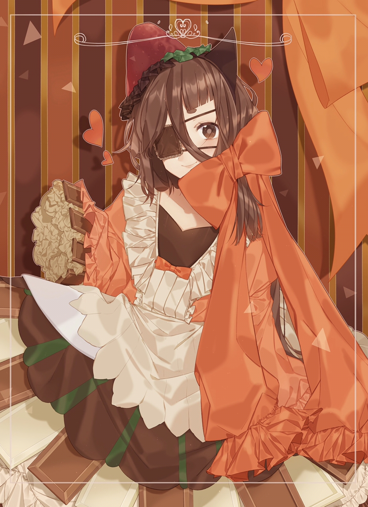 1girl bangs brown_eyes brown_hair chocolate dress eyepatch food fruit harusame_sigu8 heart long_sleeves looking_at_viewer original personification shadow sleeves_past_wrists smile solo strawberry striped striped_background valentine