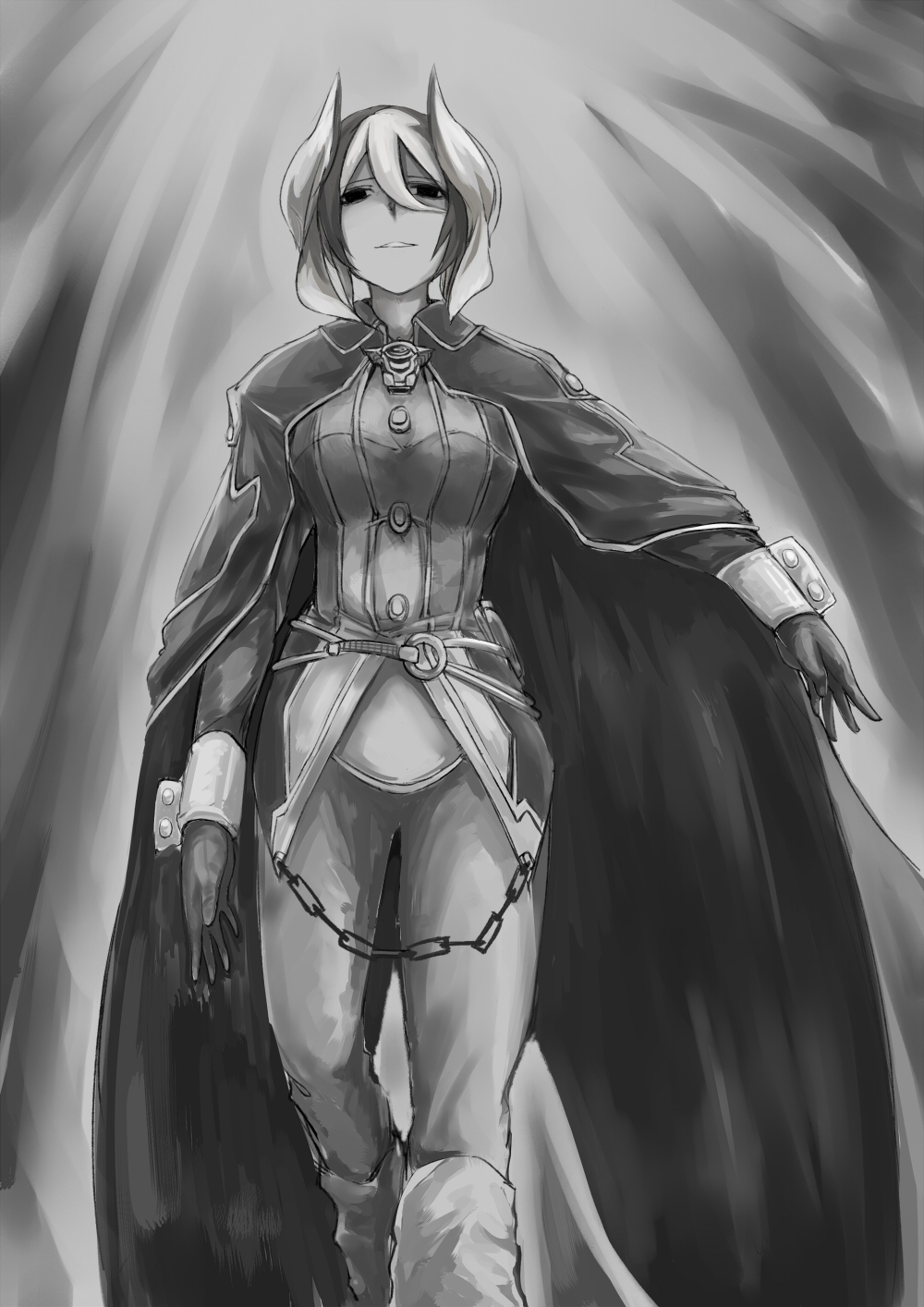 1girl arm_at_side black_eyes breasts cape character_request gloves hair_between_eyes highres large_breasts looking_at_viewer made_in_abyss monochrome multicolored_hair ozen short_hair shzsntma smirk solo
