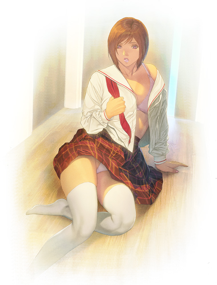 1girl arm_support bangs bra brown_hair collarbone homare_(fool's_art) long_sleeves looking_at_viewer neckerchief open_clothes open_shirt original panties pantyshot pantyshot_(sitting) parted_lips plaid plaid_skirt red_neckwear red_skirt school_uniform shirt short_hair sitting skirt thigh-highs underwear undressing violet_eyes white_bra white_legwear white_panties white_shirt