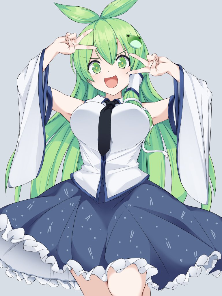 1girl :d antenna_hair arms_up bangs bare_shoulders black_neckwear blue_skirt breasts commentary_request cowboy_shot detached_sleeves double_v eyebrows_visible_through_hair frog_hair_ornament green_eyes green_hair grey_background hair_between_eyes hair_ornament hair_tubes kochiya_sanae large_breasts long_hair long_sleeves looking_at_viewer necktie open_mouth paburisiyasu petticoat shirt simple_background single_sidelock skirt smile snake_hair_ornament solo standing touhou v very_long_hair white_shirt wide_sleeves