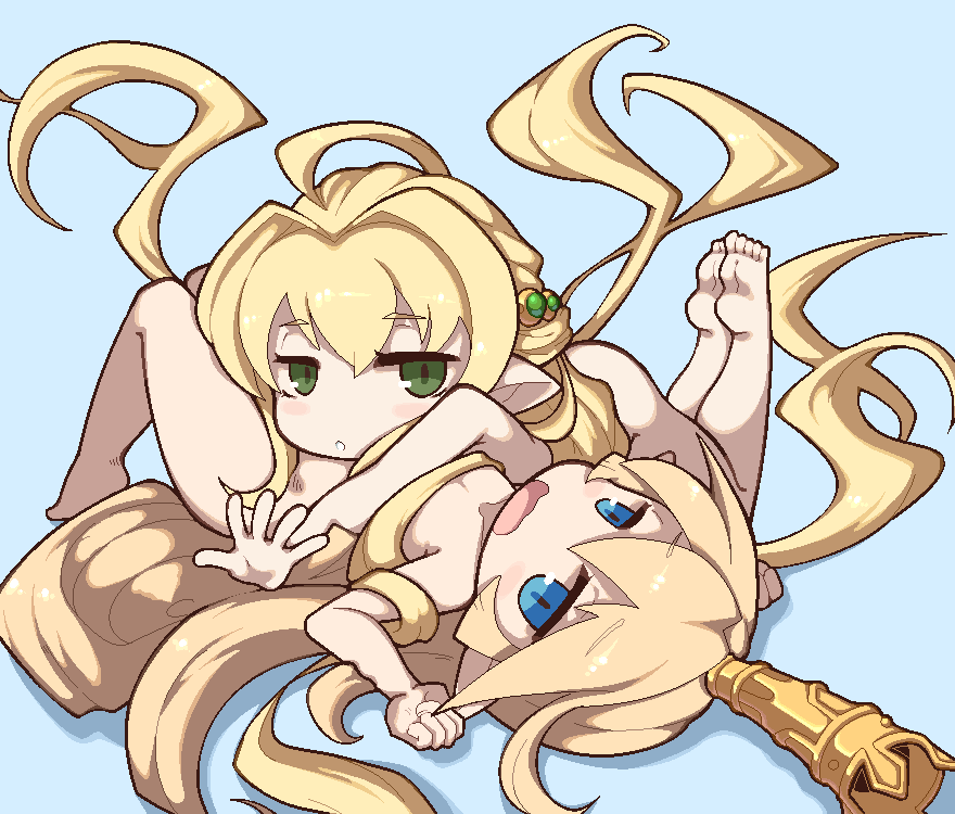 2girls average-hanzo bangs blonde_hair blue_eyes blush charlotta_fenia granblue_fantasy hair_ornament harvin hat long_hair looking_at_viewer melissabelle multiple_girls nude open_mouth pointy_ears simple_background solo very_long_hair