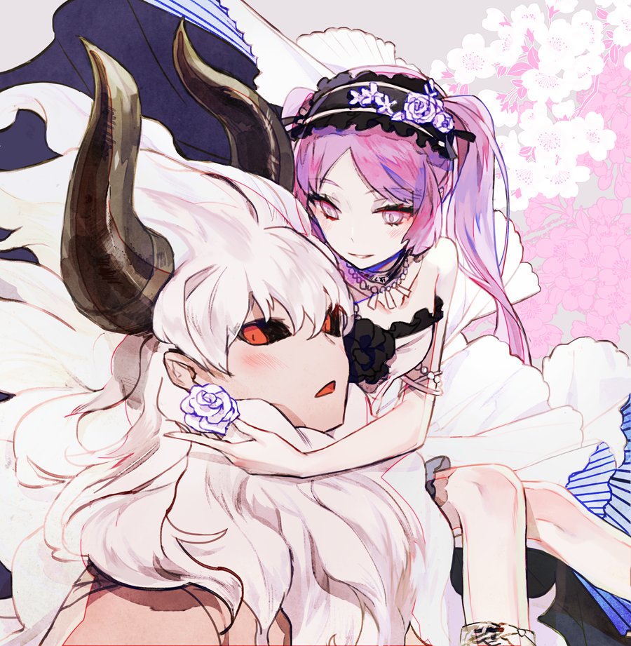 1boy 1girl asterios_(fate/grand_order) black_sclera carrying closed_mouth euryale fate/grand_order fate/hollow_ataraxia fate_(series) flower hair_flower hair_ornament hairband horns looking_at_viewer mo_(mocopo) parted_lips purple_flower purple_hair purple_rose red_eyes rose shoulder_carry smile violet_eyes white_hair